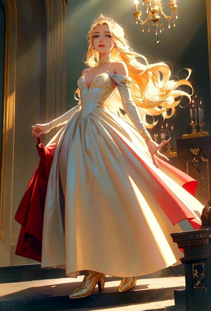 Arafed, a picture of a female angel in high society prom event, divine beautiful female angel, blond hair, long hair, flowing hair, the hair glows in a soft light, cerulean eyes, deep light eyes, divine beautiful face, (spread white feather wings: 1.1), she wears a ((red evening dress: 1.2)), elegant, intricate detailed dress, silk dress, small cleavage, some crystals on the dress,  she wears elegant knee high heeled boots, exquisite high heeled boots, she stands on the porch of a fantasy castle, dynamic angle, soft torch light, (Masterpiece: 1.5), 16k, highres, best quality, high details, ultra detailed, masterpiece, best quality, (extremely detailed), AngelStyle, GlowingRunesAI_paleblue, rosewing