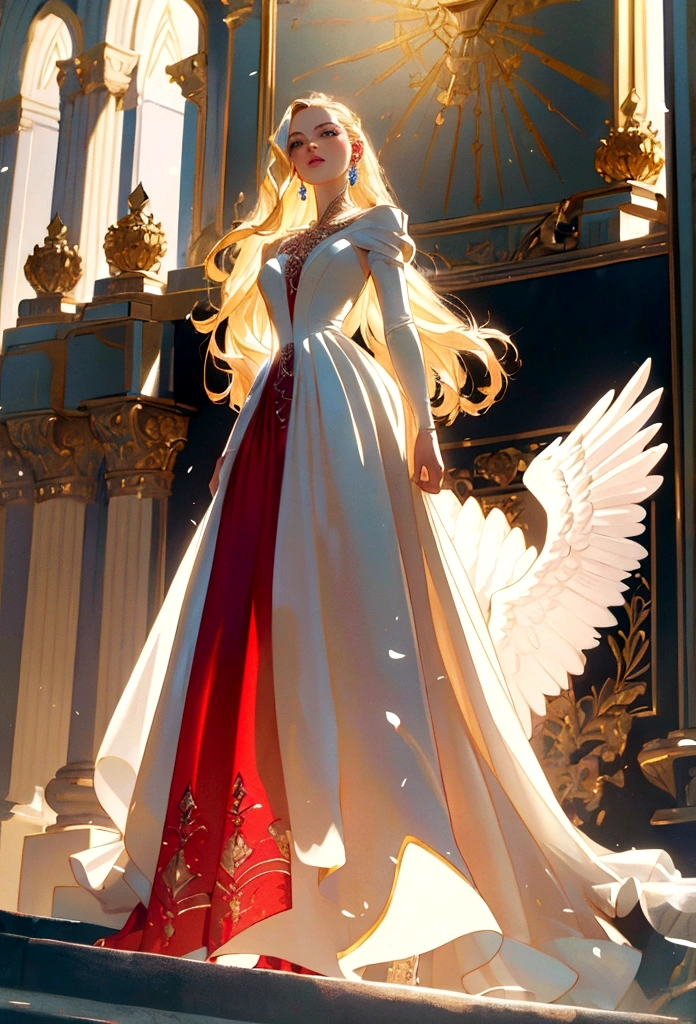 Arafed, uma foto de um anjo feminino em um evento de baile da alta sociedade, divino lindo anjo feminino, cabelo loiro, cabelo longo, Cabelo esvoaçante, o cabelo brilha com uma luz suave, olhos cerúleo, olhos claros e profundos, rosto lindo divino, (abra asas de penas brancas: 1.1), Ela usa um ((Vestido de noite vermelho: 1.2)), elegante, vestido detalhado e intricado, Vestido de seda, decote pequeno, alguns cristais no vestido,  she wears elegante knee high heeled boots, botas de salto alto requintadas, ela está na varanda de um castelo de fantasia, Ângulo Dinâmico, luz suave da tocha, (obra de arte: 1.5), 16k, alta resolução, melhor qualidade, detalhes altos, ultra detalhado, obra de arte, melhor qualidade, (extremamente detalhado), Estilo Anjo, GlowingRunesAI_azul pálido, roseira