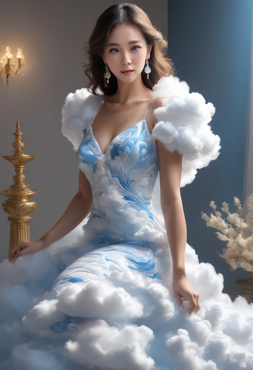 Dans une soirée chic, une sublime femme coréenne 35ans portant une longue Robe de soirée faite de nuages blancs, longues jambes, cheveux longs sublimes, electric blue eyes, regard intense , visage heureux et rayonnant, sublime poitrine effet push-up, sublime décolleté plongeant, ((proportions parfaites, masterpiece, hyperrealistic, masterpiece, superior quality, high resolution, Extremely detailed, highly detailed 8K wallpaper))