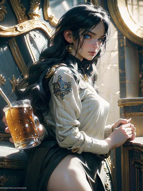 1girl,fantasy tavern interior,girl with blue lion eyes,black hair,pale skin,small breasts,slim waist,fit body,witch,mug of beer,...