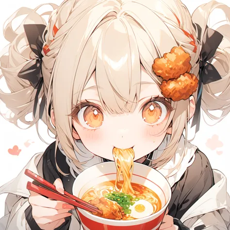 a with a  slurping ramen. fried chicken hair ornament is delicious