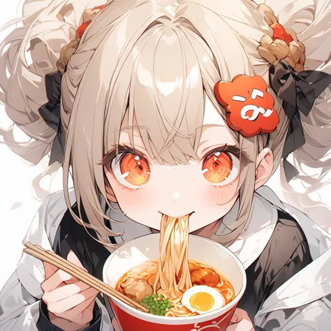 a with a  slurping ramen. fried chicken hair ornament is delicious