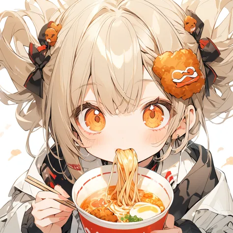 a with a  slurping ramen. fried chicken hair ornament is delicious