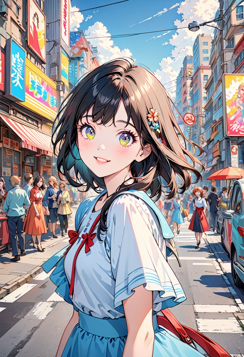 best quality, 4K wallpaper, masterpiece, extremely detailed CG unity 8k wallpaper, extremely detailed eyes, ultra-detailed, intricate details, 1 happy girl in center, retro art style, neon_pop art style,  public, outdoors, road sign, city, people