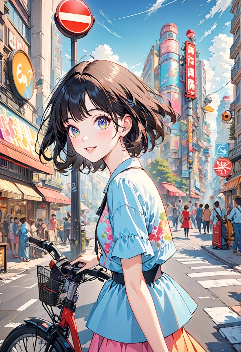 best quality, 4K wallpaper, masterpiece, extremely detailed CG unity 8k wallpaper, extremely detailed eyes, ultra-detailed, intricate details, 1 happy girl in center, retro art style, neon_pop art style,  public, outdoors, road sign, city, people