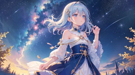 mystical and starry sky with a girl in the background looking up