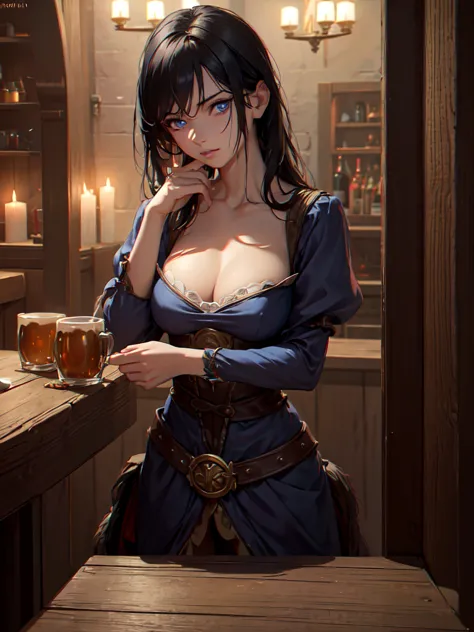 1girl,fantasy tavern interior,girl with blue lion eyes,black hair,pale skin,small breasts,slim waist,fit body,witch,mug of beer,...