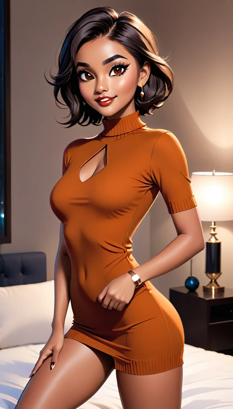 Beautiful woman with short dark hair, with brown eyes wearing a Mock Neck Cut Out Dress, Sexy Criss Cross Mock Neck Short Sleeves Dress, luxurious jewelry, without pantyhose, standing in the bedroom at night with legs open (dark tanned skin), (lipstick), (elegant mascara), (slim body with abs), (small breasts) midjourney, <lora:GoodHands-, <lora:GoodLegs-, UHD, high resolution, (masterpiece:1.1, best quality), (expressive eyes, perfect face, full body, expressive face, perfect body, athletic, fit, slim body, blushing, Perfect makeup, eyeliner, beautiful eyelashes, smiling, horny face), ((Orande sweater)), ((Brown Leggings)), ((best illumination, best shadows))