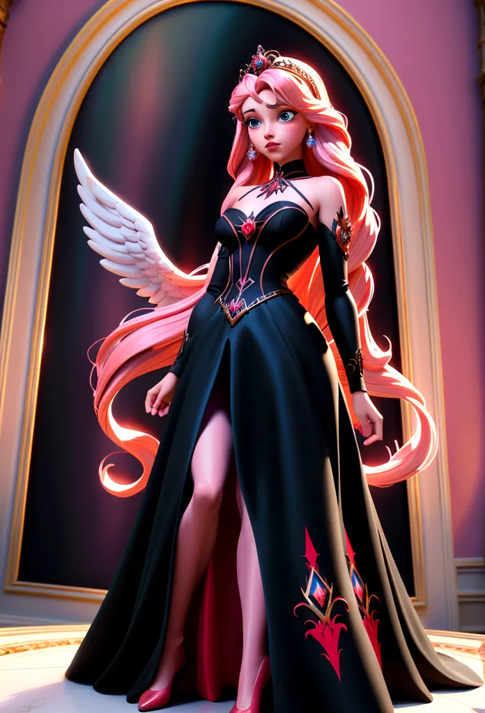 arafed, a picture of a female angel in high society prom event, divine beautiful female angel, pink hair, long hair, flowing hai...