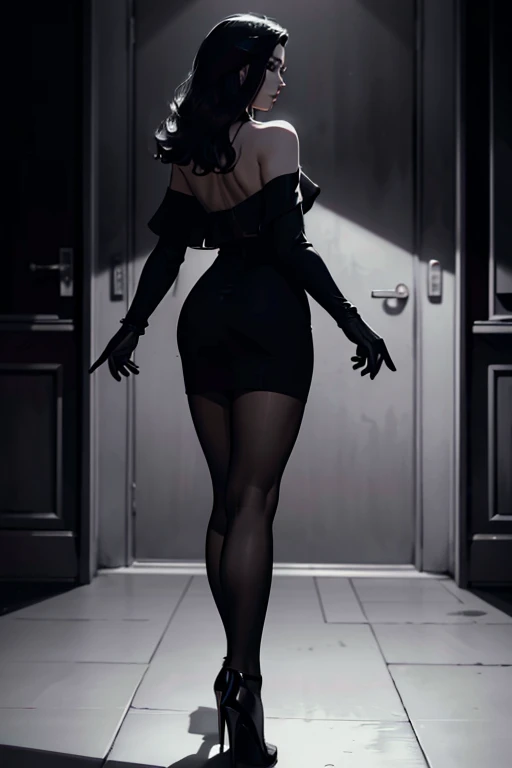 (back view),Walking out the door, sexy smirk,black lace dress, pantyhose,high heels,(lustful eyes),filmnoir1944, 1940s style,(monochrome).(rule of thirds),((hyper-realistic illustration:1.4)) Beautiful 27 yo woman, brunette, 1940s fashion,, dark mood, single light source, wide angle shot, dark city, film grain. Masterpiece, best quality(highly detailed:1.2),(detailed face and eyes:1.2), depth of field, 8k wallpaper, natural lighting, core shadows, high contrast, bokeh.