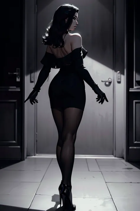 (back view),walking out the door, sexy smirk,black lace dress, pantyhose,high heels,(lustful eyes),filmnoir1944, 1940s style,(mo...