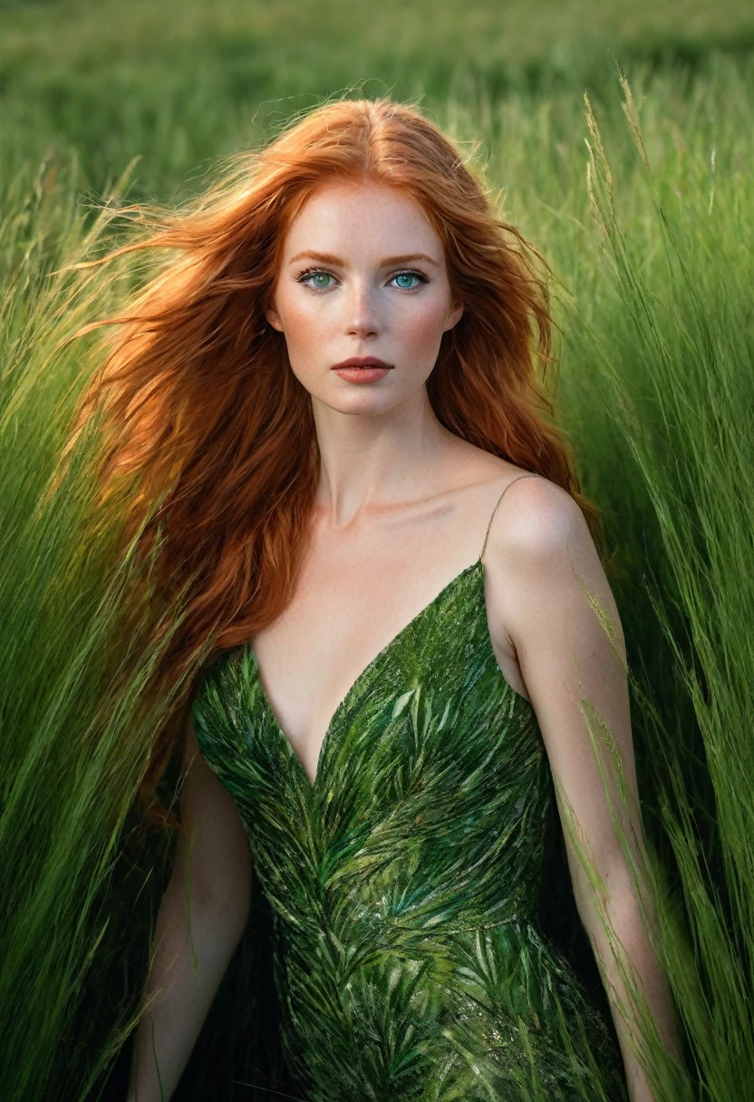 Sublime tall redhead woman aged 25 wearing a long evening dress made of grass and grasses,  elle marche vers moi, soirée de gala, gazon, herbes, long detailed sublime legs, cheveux longs sublimes, green eyes Very detailed, regard intense , visage heureux et rayonnant, sublime forte poitrine effet push-up, sublime décolleté plongeant, ((proportions parfaites, masterpiece, hyperrealistic, masterpiece, superior quality, high resolution, Extremely detailed, highly detailed 8K wallpaper))