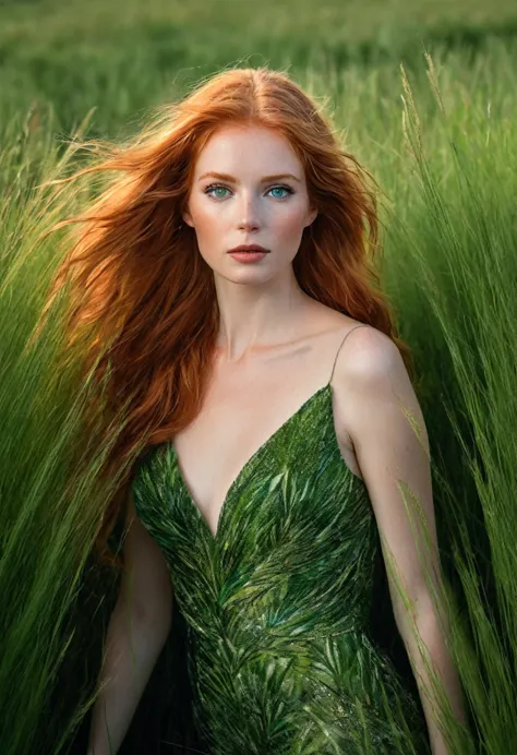 Sublime tall redhead woman aged 25 wearing a long evening dress made of grass and grasses,  elle marche vers moi, soirée de gala...
