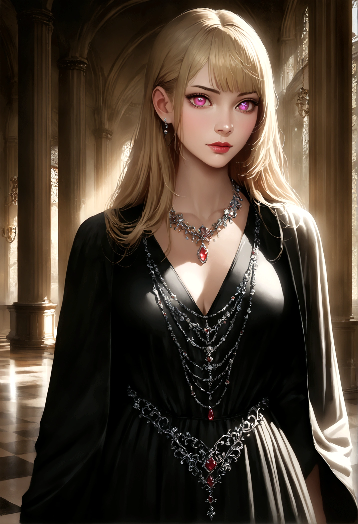 Wearing a long dress by Chanel, hoshinoruby, star-shaped pupils, ruby_hoshino, blonde hair, bangs, 1girl, pink eyes, long hair, luxurious Accessories, glittering necklace, Floor with luxurious chandeliers, (realistic, masterpiece, high quality, 8K, high resolution:1.3), extremely detailed CG, (illustration:0.8), full Shot,