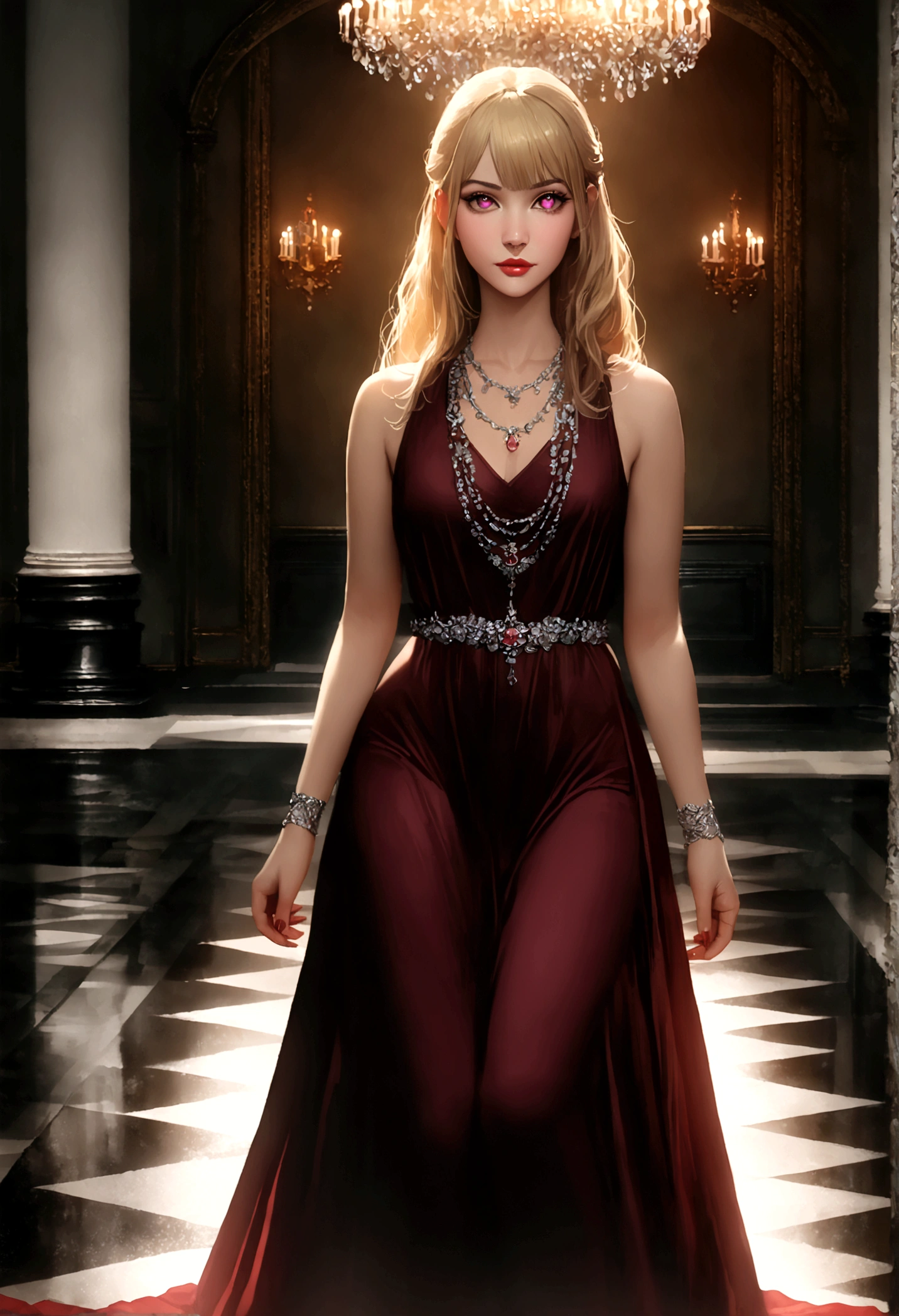 Wearing a long dress by Chanel, hoshinoruby, star-shaped pupils, ruby_hoshino, blonde hair, bangs, 1girl, pink eyes, long hair, luxurious Accessories, glittering necklace, Floor with luxurious chandeliers, (realistic, masterpiece, high quality, 8K, high resolution:1.3), extremely detailed CG, (illustration:0.8), full Shot,