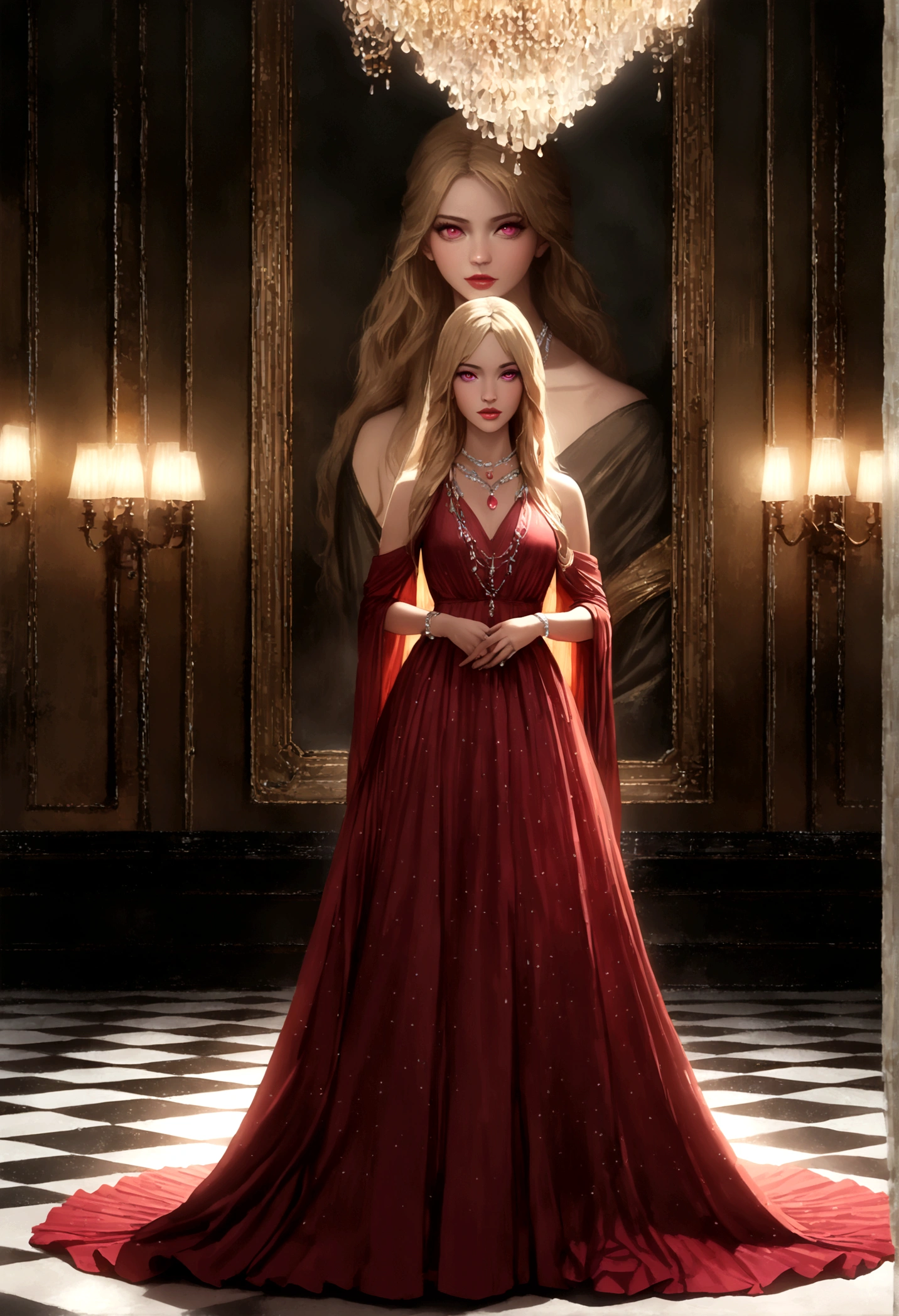 Wearing a long dress by Chanel, hoshinoruby, star-shaped pupils, ruby_hoshino, blonde hair, bangs, 1girl, pink eyes, long hair, luxurious Accessories, glittering necklace, Floor with luxurious chandeliers, (realistic, masterpiece, high quality, 8K, high resolution:1.3), extremely detailed CG, (illustration:0.8), full Shot,