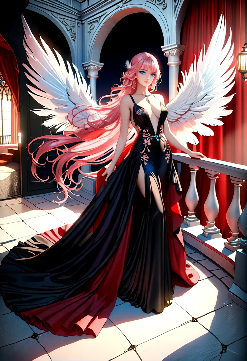 Arafed, a picture of a female angel in high society prom event, divine beautiful female angel, pink hair, long hair, flowing hai...