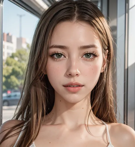 Generate an ultra-realistic image of a young woman in a metro train, precisely resembling the previously described model. Focus ...