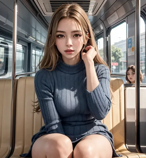Generate an ultra-realistic image of a young woman in a metro train, precisely resembling the previously described model. Focus ...