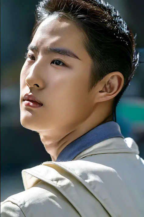 Korean boy, prominent feature of his face, enhancing his unique and captivating appearance, thick eyebrows, colored, pale skin w...
