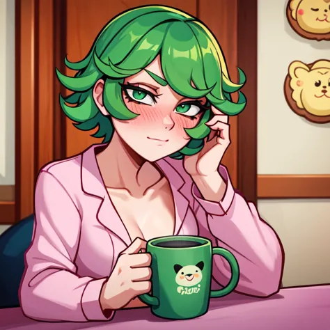 (masterpiece), best quality, expressive eyes, perfect face, 1girl, solo, blush, tatsumaki, curly_hair, cup, green_hair, green_ey...