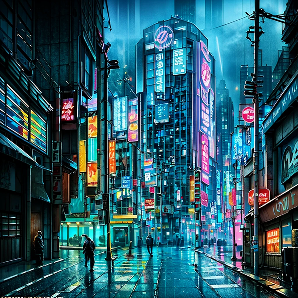 Views of a big cyberpunk city at a rainy night, with lots of neon ads and lots of prople walking around with lots of umbrellas; the image has cold colors 