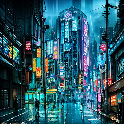 views of a big cyberpunk city at a rainy night, with lots of neon ads and lots of prople walking around with lots of umbrellas; ...