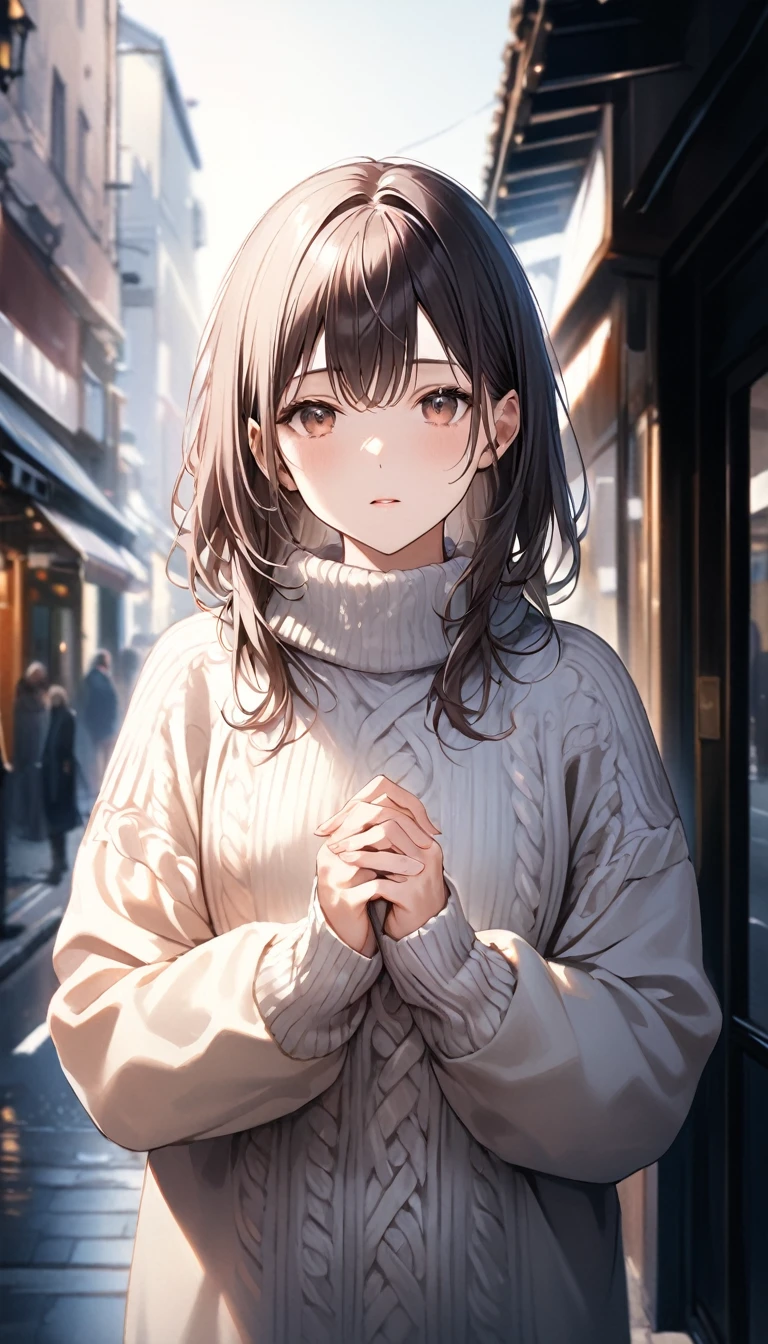 (Masterpiece), (8k size wallpaper), (top quality), Caustics, Detiled、Hyperrealistic Photo、Photorealistic、A girl in a loose sweater is warming her hands in the street and looking in the direction of the camera、Dynamic photos、