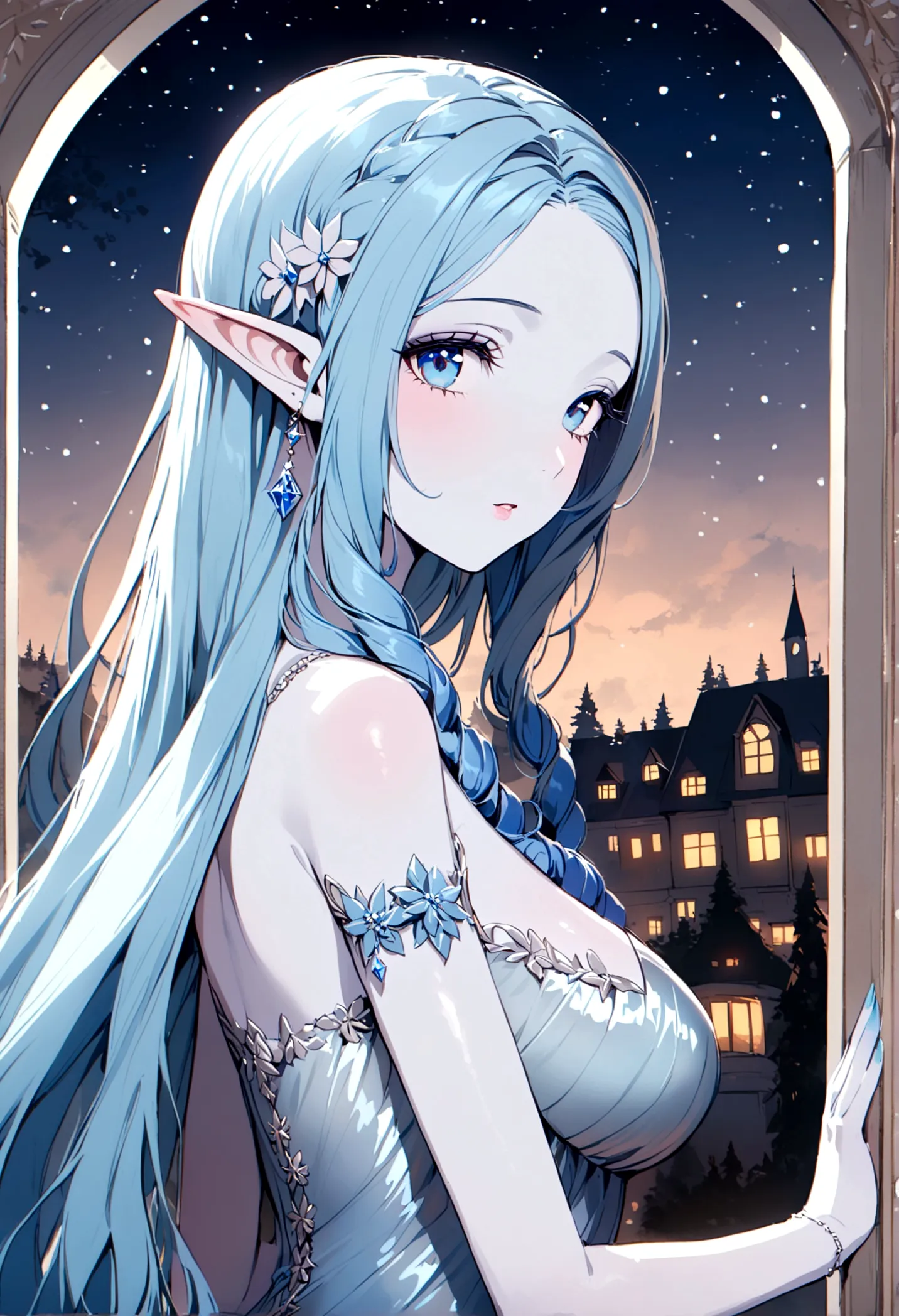 a ice elf (lovely woman, pale blue skin, deep blue hair and eyes, sheer reflective evening dress) acting alluring in a winter wo...