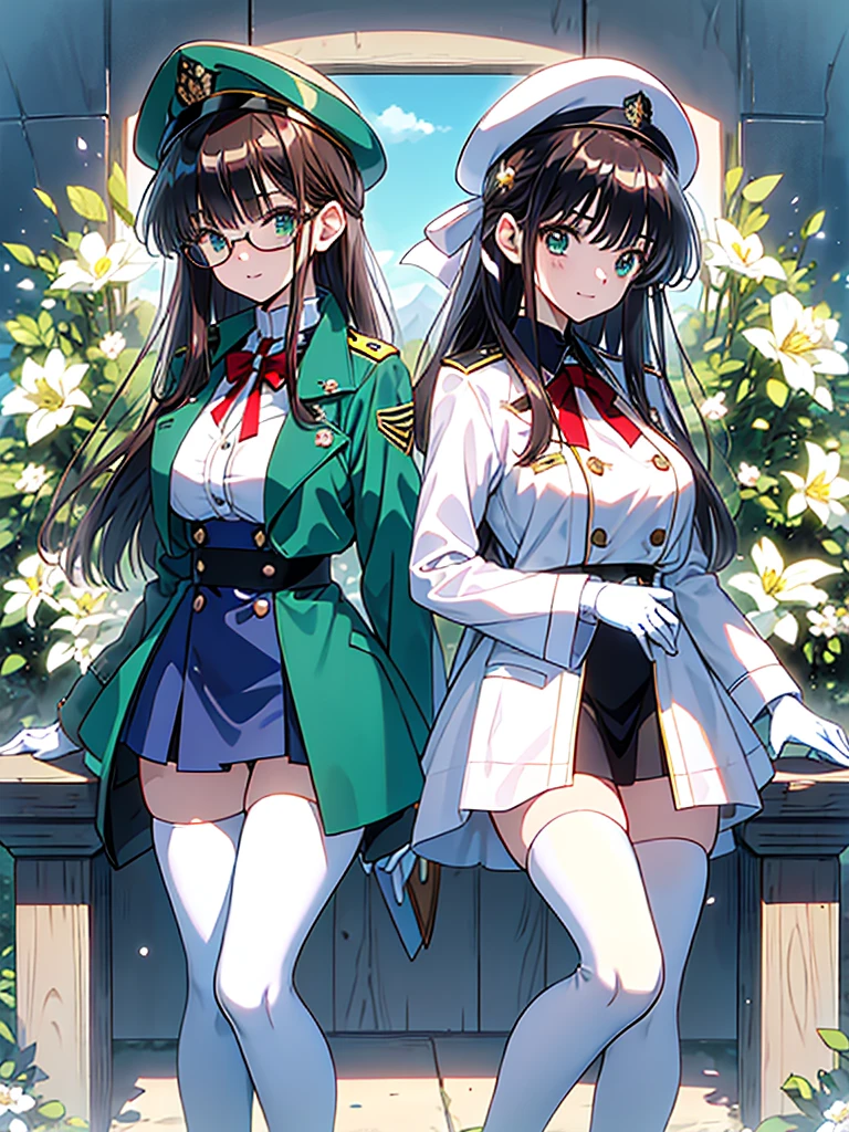 masterpiece, best quality, beautiful girl, brown hair whit white inner color, emerald green eyes, dark blue military uniform, mature_female, eye_glasses, white gloves, anime, dark blue military hat, very_long_hair, perfect body, red ribbon, commander, science_fiction, black knee-high boots, white pants , cowboy_shot, best quality, large_breasts, ultra-detailed, high quality, two-tone uniform, sci-fi, royal blue Trench Coat, fantasy world, one girl 