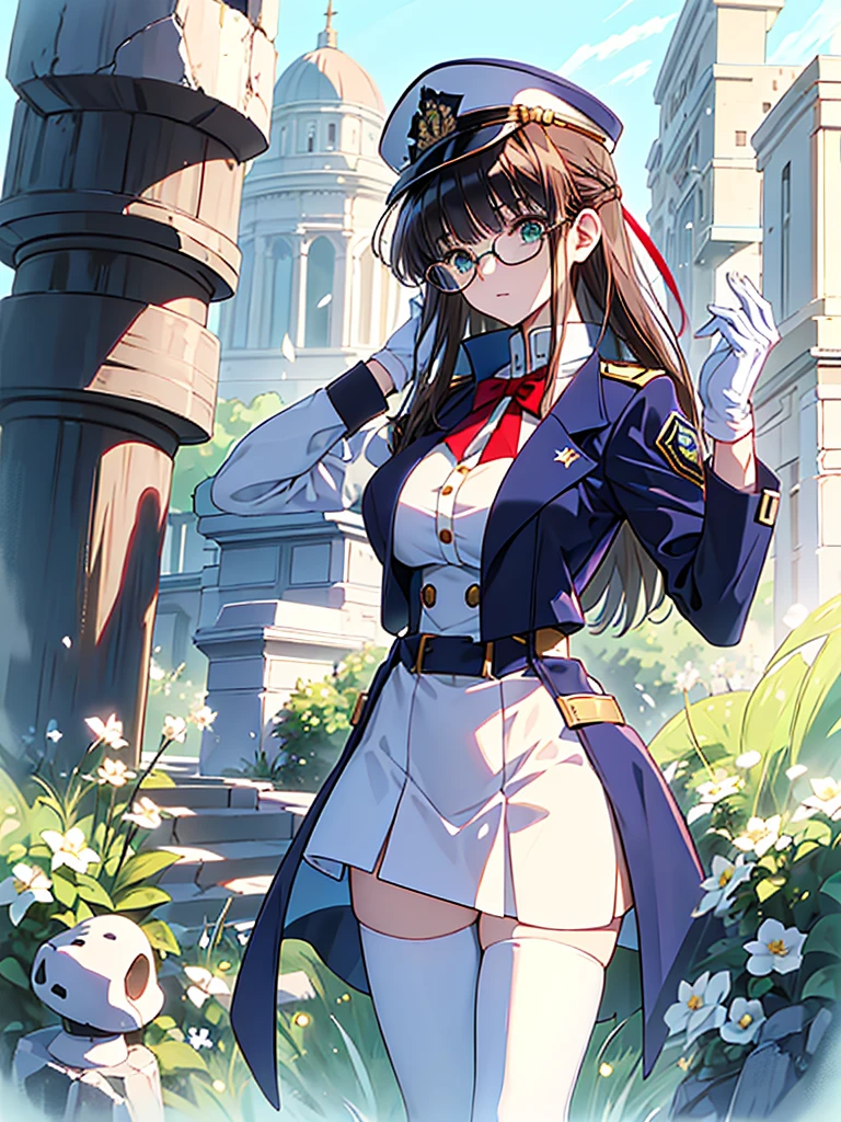 chef-d&#39;œuvre, Meilleure qualité, Belle fille, brown cheveux whit white inner color, emerald green œils, Uniforme militaire bleu foncé, mature_femelle, œil_Lunettes, Gants blancs, animé, chapeau militaire bleu foncé, très_Long_cheveux, corps parfait, ruban rouge, le commandant, science_fiction, bottes noires hauteur genou, pantalon blanc , cow-boy_tir, Meilleure qualité, grand_seins, ultra-détaillé, Haute qualité, uniforme bicolore, science-fiction, Trench bleu roi, monde fantastique, Une fille 