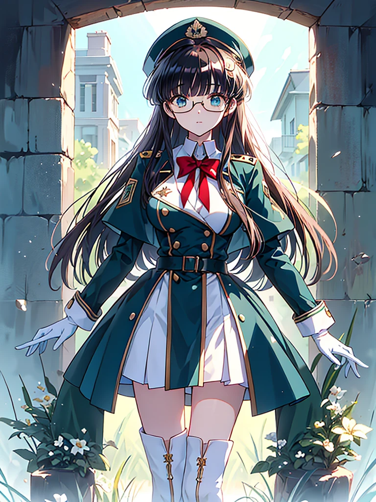 Meisterwerk, beste Qualität, schönes Mädchen, brown Haar whit white inner color, emerald green Auges, Dunkelblaue Militäruniform, reifen_weiblich, Auge_Gläser, Weiße Handschuhe, Anime-Serie, dunkelblauer Militärhut, sehr_lang_Haar, perfekter Körper, rotes Band, commander, Wissenschaft_Fiktion, schwarze kniehohe Stiefel, weiße Hosen , Cowboy_Schuss, beste Qualität, groß_Brüste, ultra-detailliert, gute Qualität, zweifarbige Uniform, Science-Fiction, königsblauer Trenchcoat, Fantasiewelt, Ein Mädchen 