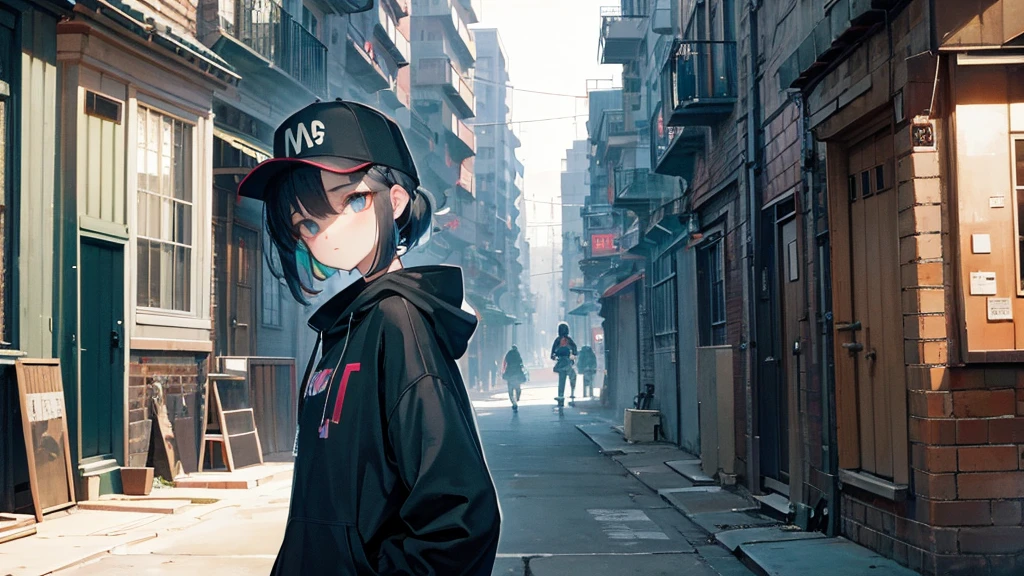 alley scene with a hip hop girl in the background with a mask posing for a camera