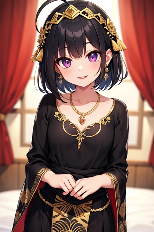 A beautiful detailed girl with intricate details, ahoge, white hair, purple eyes, black hair tips, small breasts, smiling, wearing a black kebaya dress for a Javanese wedding, traditional batik skirt, looking at the viewer, adorned with jewelry and headdress, red lips, gold necklace, earrings, exquisite, detailed, flowers, perfect background, soft focus, highly detailed facial features