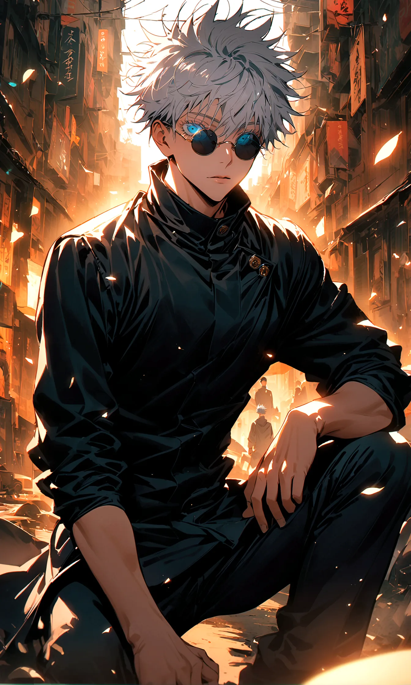 (1boy,gojou satoru,jujutsu kaisen),Black round lens sunglasses,artwork