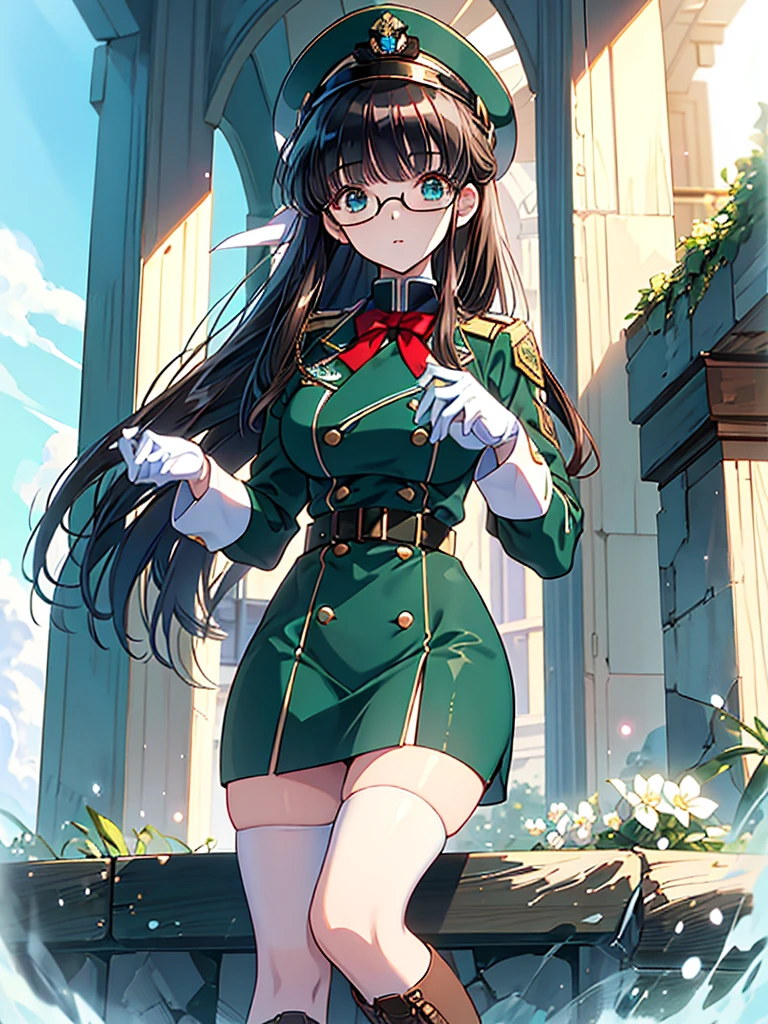 masterpiece, best quality, beautiful girl, brown hair whit white inner color, emerald green eyes, dark blue military uniform, mature_female, eye_glasses, white gloves, anime, dark blue military hat, very_long_hair, perfect body, red ribbon, commander, science_fiction, black knee-high boots, white pencil skirt , cowboy_shot, best quality, large_breasts, ultra-detailed, high quality, two-tone uniform, sci-fi, royal blue Trench Coat, fantasy world, one girl 