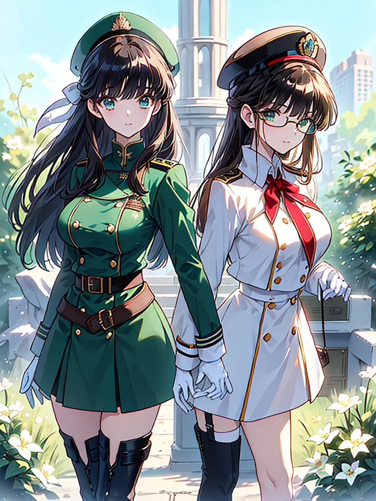 Meisterwerk, beste Qualität, schönes Mädchen, brown Haar whit white inner color, emerald green Auges, Dunkelblaue Militäruniform, reifen_weiblich, Auge_Gläser, Weiße Handschuhe, Anime-Serie, dunkelblauer Militärhut, sehr_lang_Haar, perfekter Körper, rotes Band, commander, Wissenschaft_Fiktion, schwarze kniehohe Stiefel, weißer Bleistiftrock , Cowboy_Schuss, beste Qualität, groß_Brüste, ultra-detailliert, gute Qualität, zweifarbige Uniform, Science-Fiction, königsblauer Trenchcoat, Fantasiewelt, Ein Mädchen 