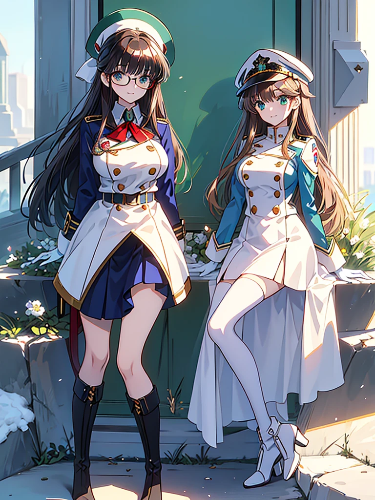 masterpiece, best quality, beautiful girl, brown hair whit white inner color, emerald green eyes, dark blue military uniform, mature_female, eye_glasses, white gloves, anime, dark blue military hat, very_long_hair, perfect body, red ribbon, commander, science_fiction, black knee-high boots, white pencil skirt , cowboy_shot, best quality, large_breasts, ultra-detailed, high quality, two-tone uniform, sci-fi, royal blue Trench Coat, fantasy world, one girl 