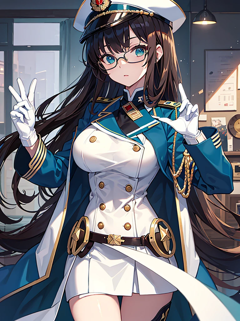 chef-d&#39;œuvre, Meilleure qualité, Belle fille, brown cheveux whit white inner color, emerald green œils, Uniforme militaire bleu foncé, mature_femelle, œil_Lunettes, Gants blancs, animé, chapeau militaire bleu foncé, très_Long_cheveux, corps parfait, ruban rouge, le commandant, science_fiction, bottes noires hauteur genou, Jupe crayon blanche , cow-boy_tir, Meilleure qualité, grand_seins, ultra-détaillé, Haute qualité, uniforme bicolore, science-fiction, Trench bleu roi, monde fantastique, Une fille 