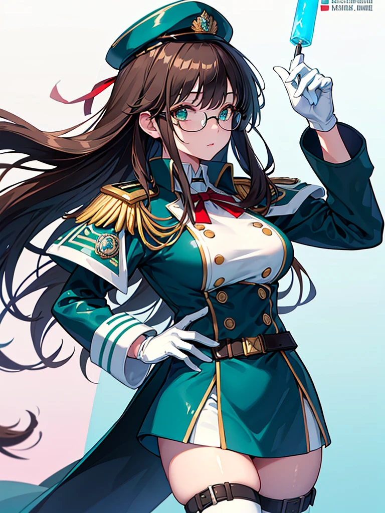 chef-d&#39;œuvre, Meilleure qualité, Belle fille, brown cheveux whit white inner color, emerald green œils, Uniforme militaire bleu foncé, mature_femelle, œil_Lunettes, Gants blancs, animé, chapeau militaire bleu foncé, très_Long_cheveux, corps parfait, ruban rouge, le commandant, science_fiction, bottes noires hauteur genou, Jupe crayon blanche , cow-boy_tir, Meilleure qualité, grand_seins, ultra-détaillé, Haute qualité, uniforme bicolore, science-fiction, Trench bleu roi, monde fantastique, Une fille 