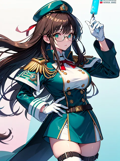 masterpiece, best quality, beautiful girl, brown hair whit white inner color, emerald green eyes, dark blue military uniform, ma...