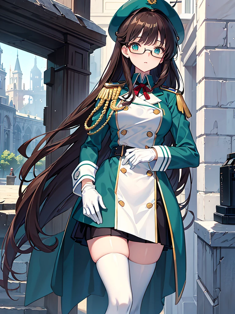 masterpiece, best quality, beautiful girl, brown hair whit white inner color, emerald green eyes, dark blue military uniform, mature_female, eye_glasses, white gloves, anime, dark blue military hat, very_long_hair, perfect body, red ribbon, commander, science_fiction, black knee-high boots, white pencil skirt , cowboy_shot, best quality, large_breasts, ultra-detailed, high quality, two-tone uniform, sci-fi, royal blue Trench Coat, fantasy world, one girl 