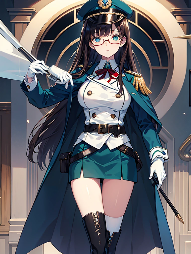 masterpiece, best quality, beautiful girl, brown hair whit white inner color, emerald green eyes, dark blue military uniform, mature_female, eye_glasses, white gloves, anime, dark blue military hat, very_long_hair, perfect body, red ribbon, commander, science_fiction, black knee-high boots, white pencil skirt , cowboy_shot, best quality, large_breasts, ultra-detailed, high quality, two-tone uniform, sci-fi, royal blue Trench Coat, fantasy world, one girl 