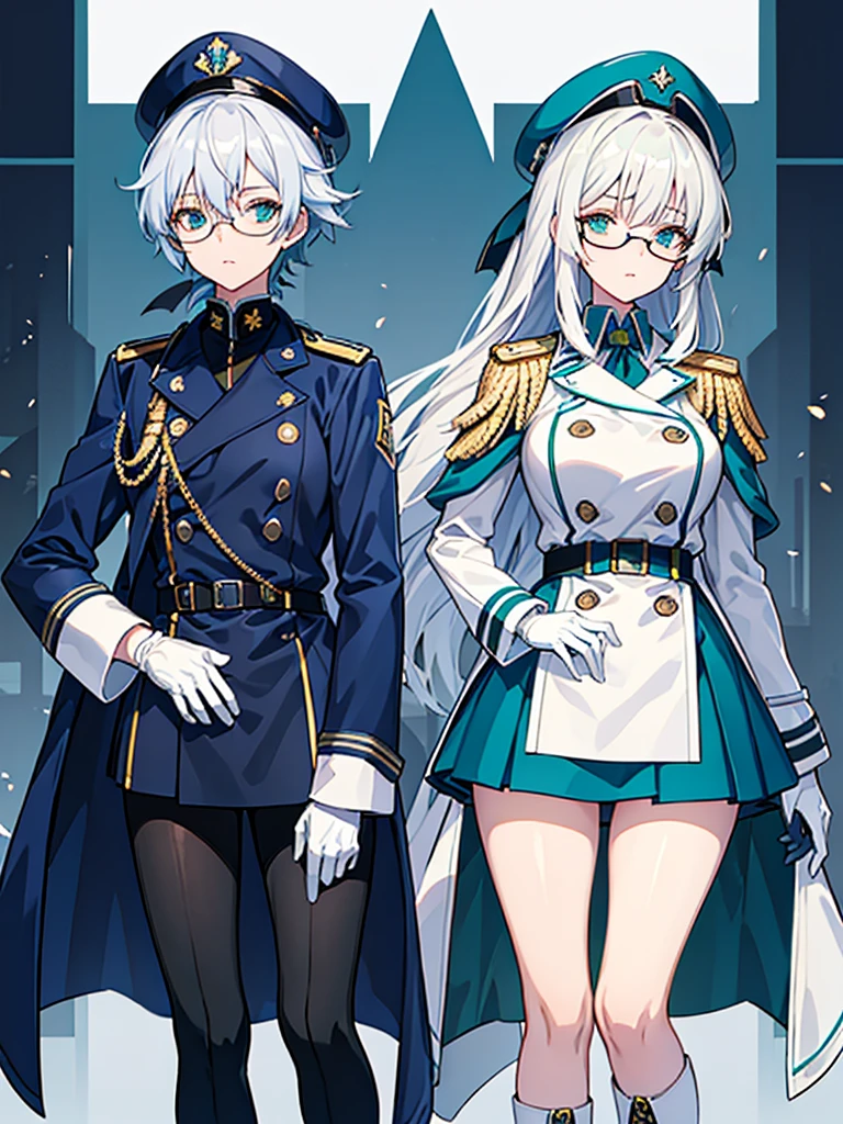 masterpiece, best quality, beautiful girl, white hair with blue inner color, emerald green eyes, dark blue military uniform, mature_female, eye_glasses, white gloves, anime, dark blue military hat, very_long_hair, perfect body, red ribbon, commander, science_fiction, black knee-high boots, white pencil skirt , cowboy_shot, best quality, large_breasts, ultra-detailed, high quality, two-tone uniform, sci-fi, royal blue Trench Coat, fantasy world, one girl 