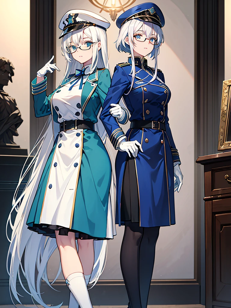 masterpiece, best quality, beautiful girl, white hair with blue inner color, emerald green eyes, dark blue military uniform, mature_female, eye_glasses, white gloves, anime, dark blue military hat, very_long_hair, perfect body, red ribbon, commander, science_fiction, black knee-high boots, white pencil skirt , cowboy_shot, best quality, large_breasts, ultra-detailed, high quality, two-tone uniform, sci-fi, royal blue Trench Coat, fantasy world, one girl 