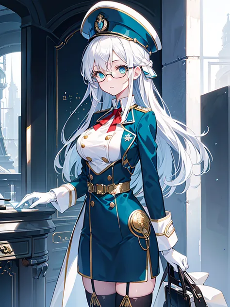 masterpiece, best quality, beautiful girl, white hair with blue inner color, emerald green eyes, dark blue military uniform, mat...