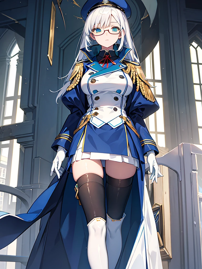 masterpiece, best quality, beautiful girl, white hair with blue inner color, emerald green eyes, dark blue military uniform, mature_female, eye_glasses, white gloves, anime, dark blue military hat, very_long_hair, perfect body, red ribbon, commander, science_fiction, black knee-high boots, white pencil skirt , cowboy_shot, best quality, large_breasts, ultra-detailed, high quality, two-tone uniform, sci-fi, royal blue Trench Coat, fantasy world, one girl 