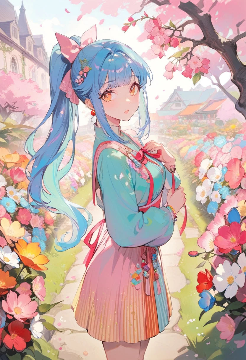 One girl,Taking a walk、Stylish、In love、Blue Hair, ponytail, Retro costumes, , Hyper Pop, Flower Garden, Retro feel, overview, masterpiece, Highest quality,