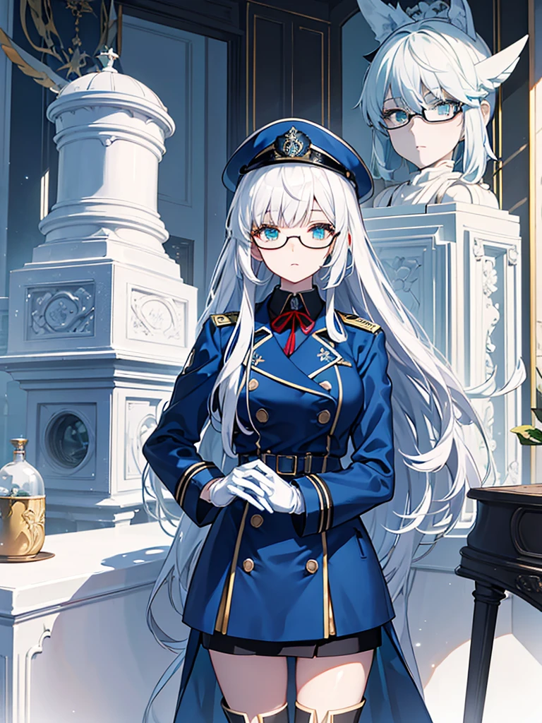 masterpiece, best quality, beautiful girl, white hair with blue inner color, emerald green eyes, dark blue military uniform, mature_female, eye_glasses, white gloves, anime, dark blue military hat, very_long_hair, perfect body, red ribbon, commander, science_fiction, black knee-high boots, white pencil skirt , cowboy_shot, best quality, large_breasts, ultra-detailed, high quality, modern military uniform, sci-fi, royal blue Trench Coat, one girl 