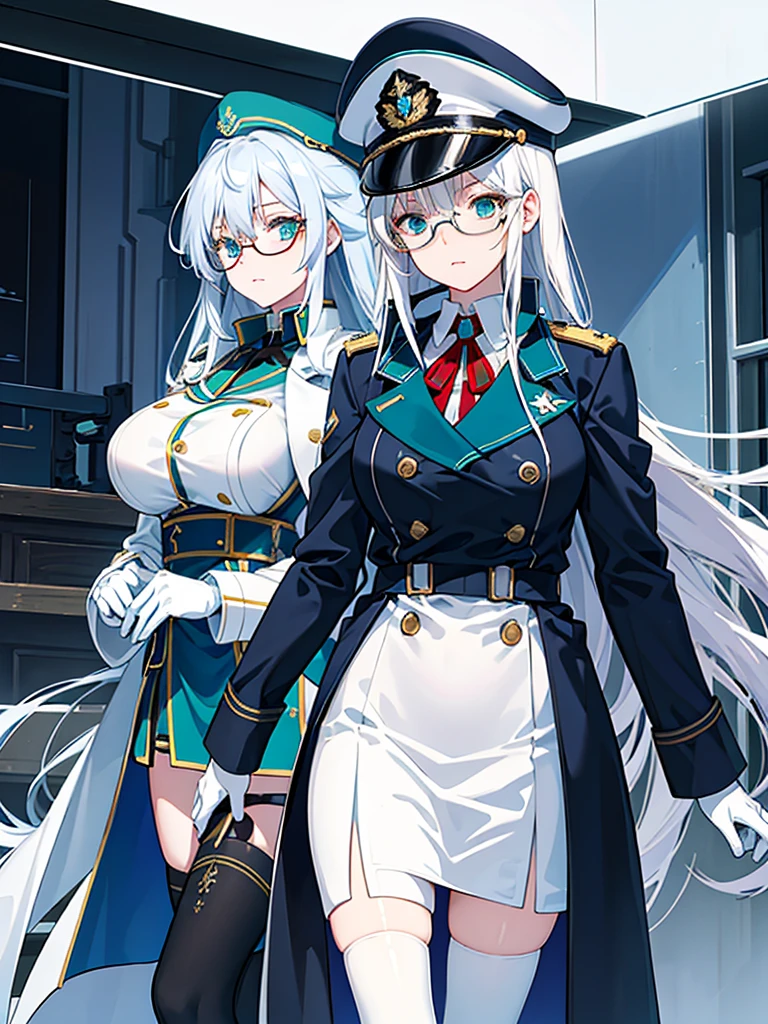 Meisterwerk, beste Qualität, schönes Mädchen, white Haar with blue inner color, emerald green Auges, Dunkelblaue Militäruniform, reifen_weiblich, Auge_Gläser, Weiße Handschuhe, Anime-Serie, dunkelblauer Militärhut, sehr_lang_Haar, perfekter Körper, rotes Band, commander, Wissenschaft_Fiktion, schwarze kniehohe Stiefel, weißer Bleistiftrock , Cowboy_Schuss, beste Qualität, groß_Brüste, ultra-detailliert, gute Qualität, moderne Militäruniform, Science-Fiction, königsblauer Trenchcoat, Ein Mädchen 